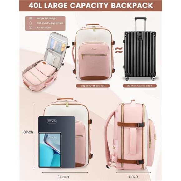 Large Travel Backpack for Women & Men, 40L Carry on Backpack for  Airplanes, TSA - Picture 4 of 7